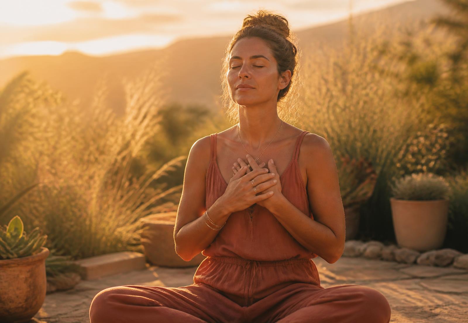 Frau in stiller Atemmeditation im warmen Sonnenuntergangslicht